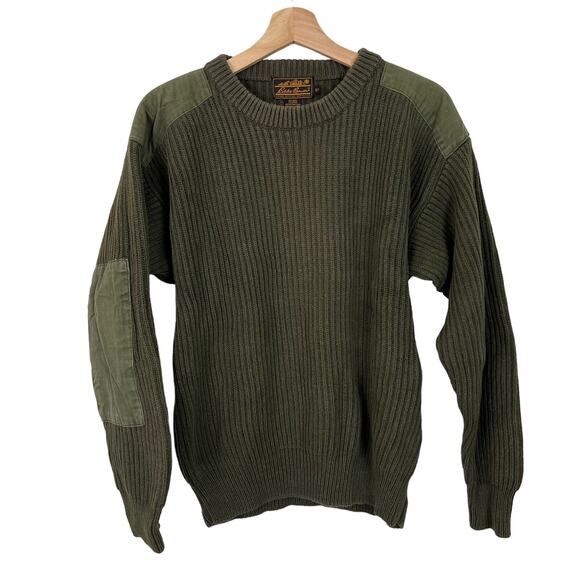 Eddie Bauer Men's Olive Army Green Ribbed Shoulder and Elbow Patch Sweater Small - Picture 1 of 5